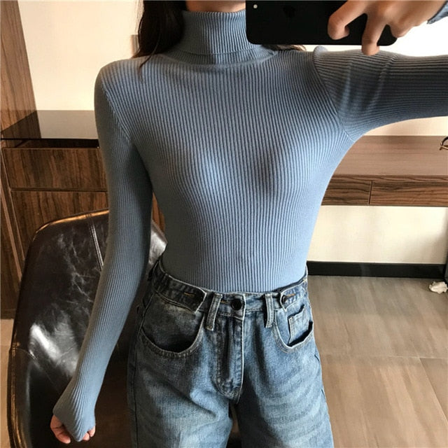 Autumn Winter Thick Sweater Women Knitted Ribbed Pullover Sweater Long Sleeve